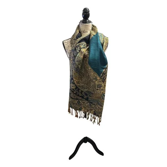 Pashmina Paisley Patterned Reversible Shawl/Wrap With Fringe - Teal & Gold - Wom - Picture 6 of 7